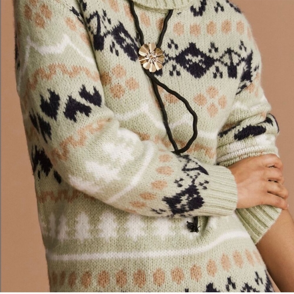 Anthropologie Mint Green Black Tan Fair Isle Holiday Turtleneck Pullover Sweater